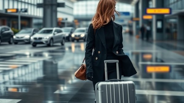 Elegant woman with a suitcase, carry-on essentials for long-haul flights.