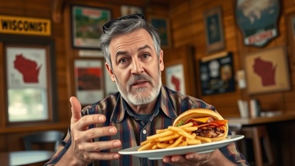 Man in a Wisconsin-themed studio discussing local food; Wisconsin travel.