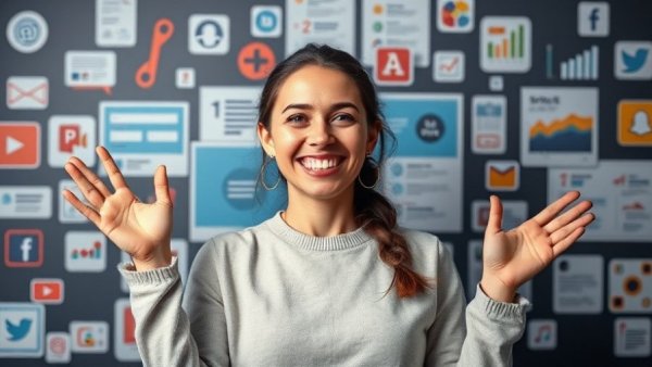 Social media design tutorial with design elements and presenter