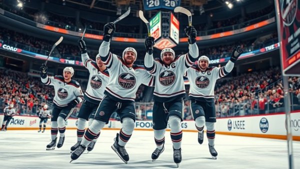 Hockey players celebrate a goal in a lively arena.
