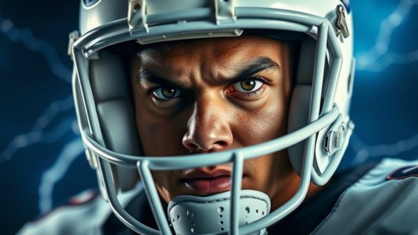 Close-up of football player with helmet, 2025 NFL Draft graphic.
