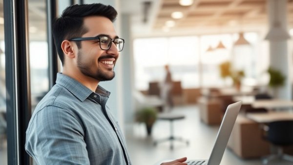 Man holding laptop in office with text about affiliate program automation.