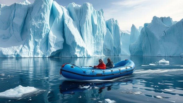 Alpacka Raft on Lake Superior amidst ice formations.