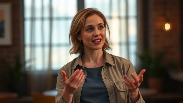 Confident speaker engaging audience, AI prompts discussion.