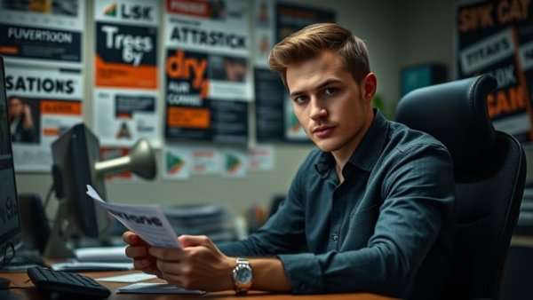Confident man planning email marketing strategy at desk.