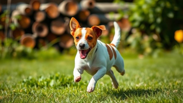 Energetic Jack Russell terrier running in a garden, Wisconsin family activities.