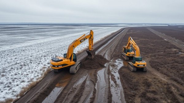 Excavators restoring wetlands for fish and fowl, aerial view.