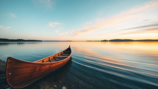 Wooden canoe by a serene Lake Superior shore at sunset.