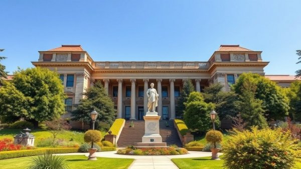 Historic university building with a statue on a sunny day at Wisconsin universities.