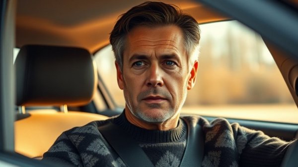 Man in car talking, focused expression, natural light