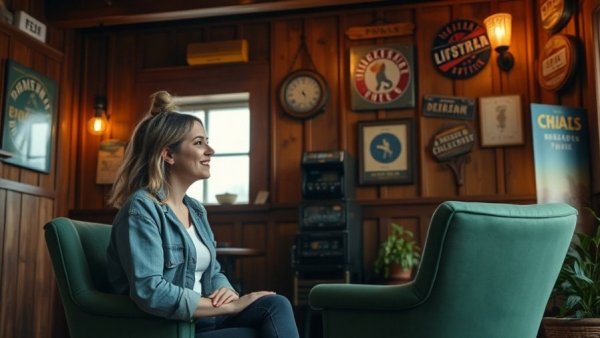 Young woman in cozy room, symbolizing Wisconsin travel conversations.