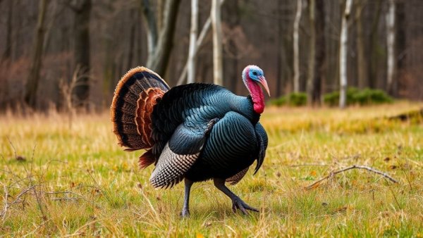 Wild turkey in Wisconsin hunting areas with forest backdrop.
