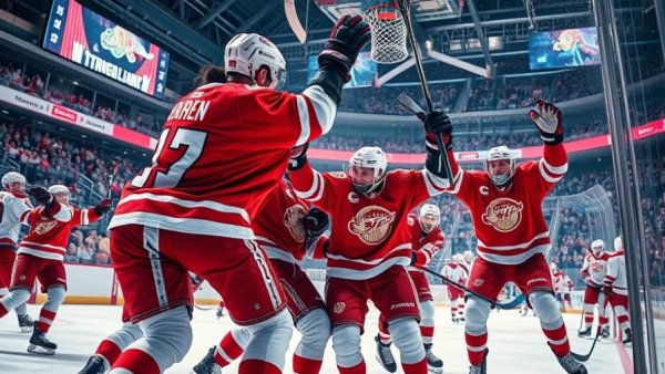 Wisconsin sports teams ice hockey celebration on rink.