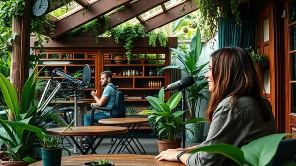 Wisconsin travel: podcast interview with a woman and a cozy cafe scene.