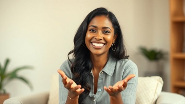 Smiling woman explaining marketing tips for website traffic generation.