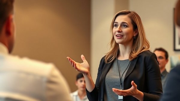 Confident woman presenting tips on affordable video editing for marketers.