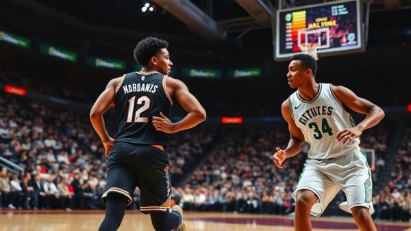 Dynamic basketball action during a game in a large indoor arena.