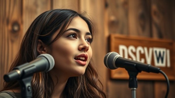 Young woman podcast host talking in a Wisconsin travel discussion.