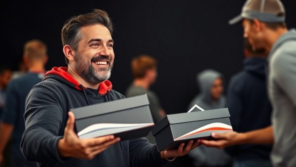 Enthusiastic man distributing sports shoes at Wisconsin youth sports leagues event