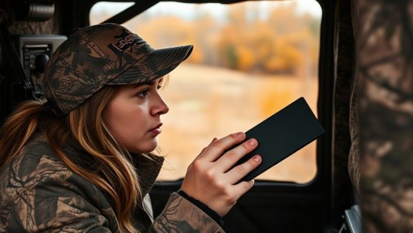 Woman practicing Wisconsin wild turkey calling techniques in hunting blind.