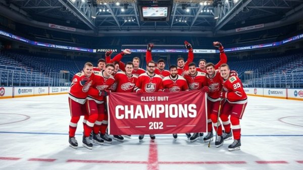 Wisconsin Badgers celebrating at Frozen Four ice rink.