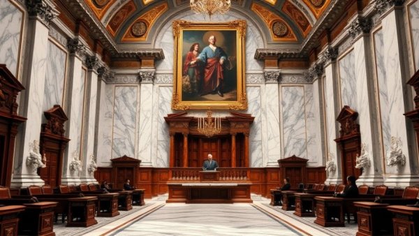 Judges in a grand judicial chamber under historical painting.