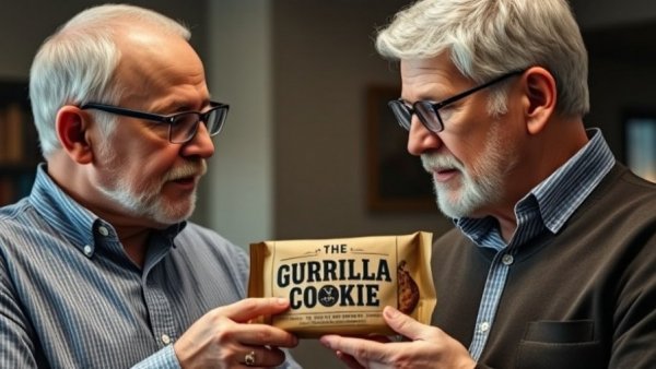Two men discussing Gorilla Cookie Wisconsin with labeled package.