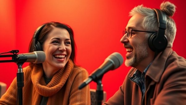 Podcast hosts discussing engaging topics, enhancing website traffic generation.