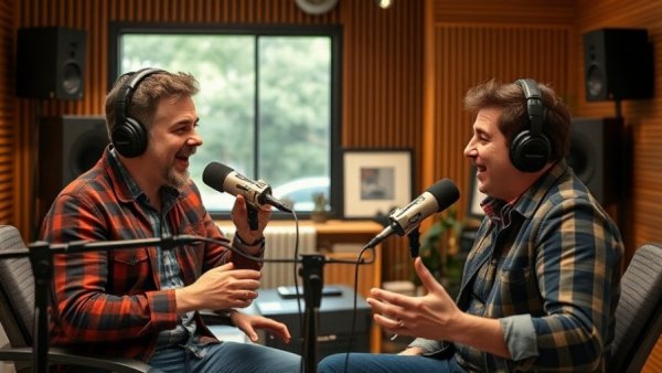 Podcasters discussing why brands fail at rebranding in studio.