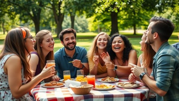 Reconnect with childhood friends at a joyful picnic in the park.