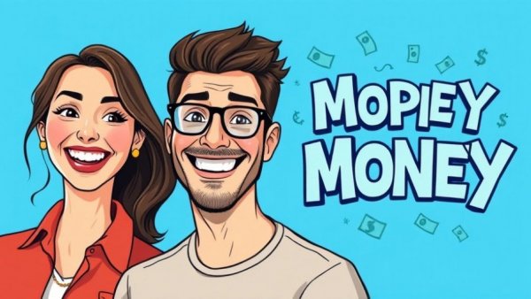 Enthusiastic couple in cartoon style, concept of affiliate marketing on social media.