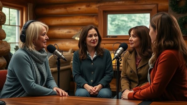 Three women discussing Midwest road trips in a cozy cabin setting.