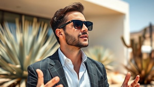Man outdoors with sunglasses doing an interview next to a building.