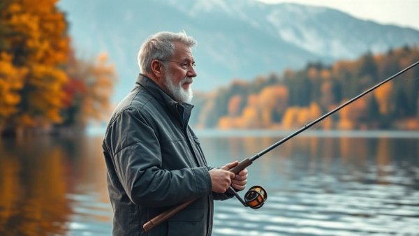 Man fishing by lake amidst fall foliage in Wisconsin.