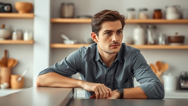Person in gray shirt leaning in kitchen environment.