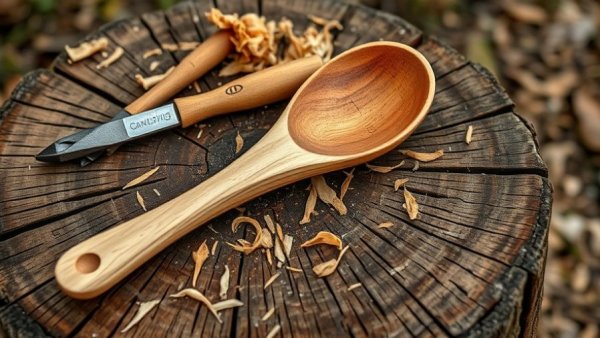 Wooden camping spoon with carving tools on a stump.