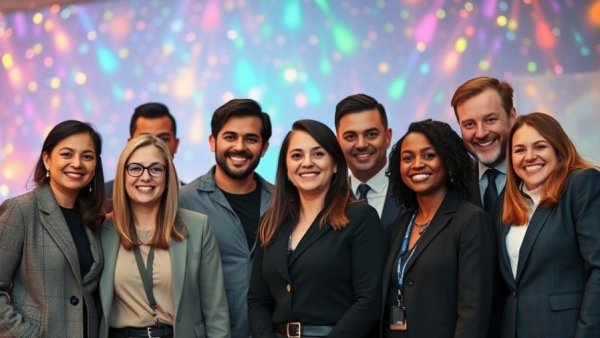 Content to Connection: Diverse professionals united with digital patterns.