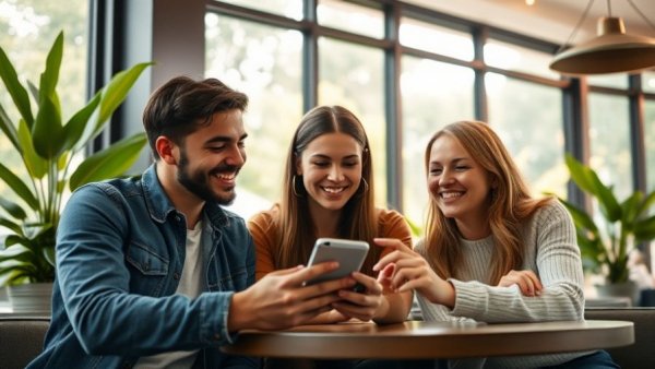 Friends using a smartphone to boost social media engagement.