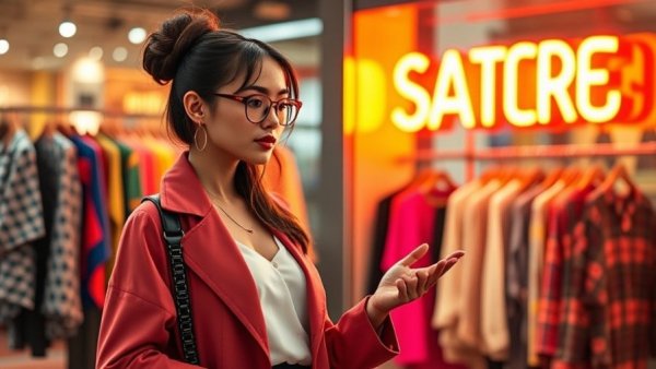 Fashion influencer showcasing trends during social media ecommerce live stream.