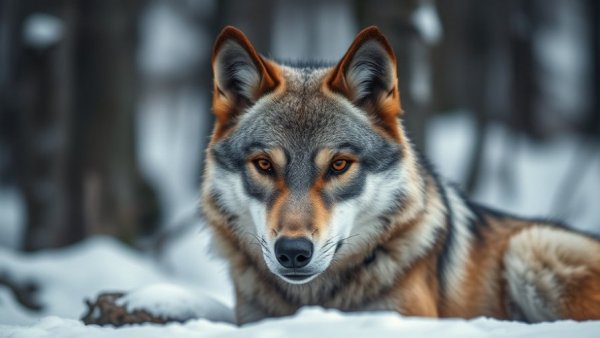 Close-up portrait of a wolf in a snowy Wisconsin forest, representing wolf conflicts.