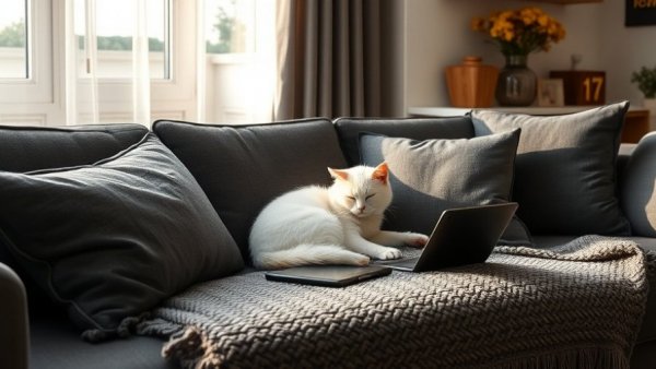 Cozy living room with a white cat sleeping, natural lighting and plants.