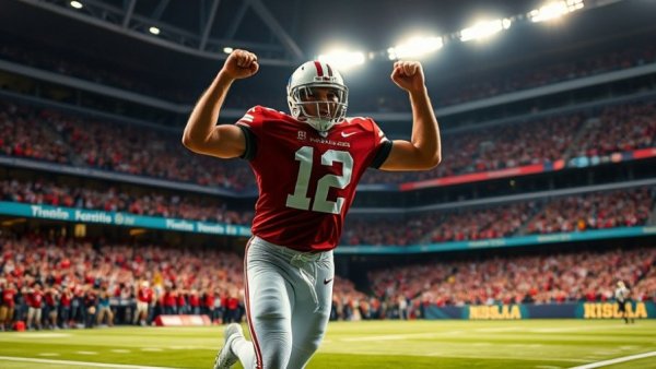 Energetic football celebration during a game, depicting a player jubilantly pumping fists.