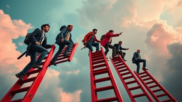 AI Impact on Content Operations: People climbing ladders from chaos to order.