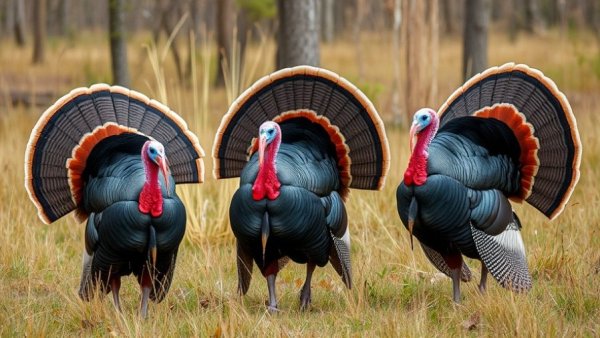 Wild turkeys displaying in Wisconsin's grassy landscape.