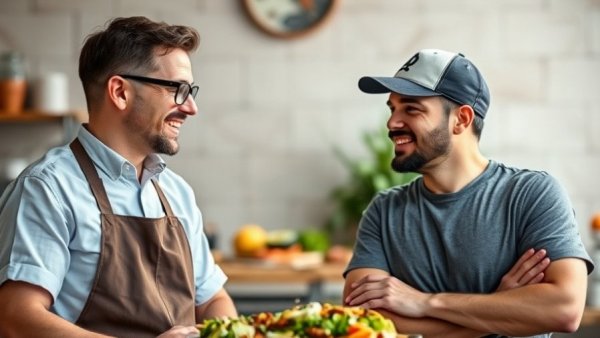 Two men discussing culinary topics with vibrant background, Wisconsin cheese curds focus.