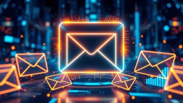 Futuristic email marketing strategy illustration with glowing icon.