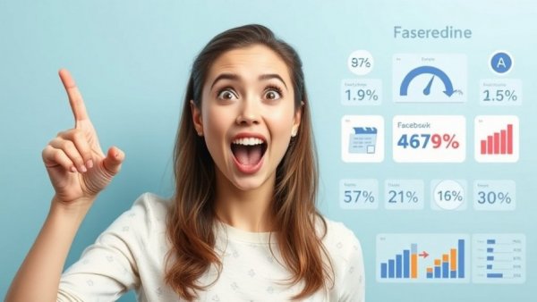 Young woman highlights Facebook marketing strategies with icons.