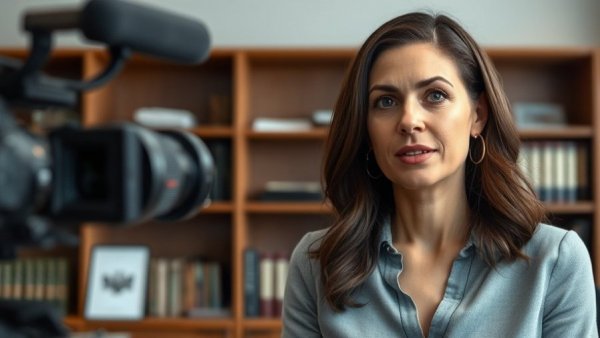 Professional woman speaking in an office with shelves in the background.