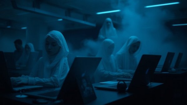 Ghost workforce in marketing concept with ghostly figures using laptops.