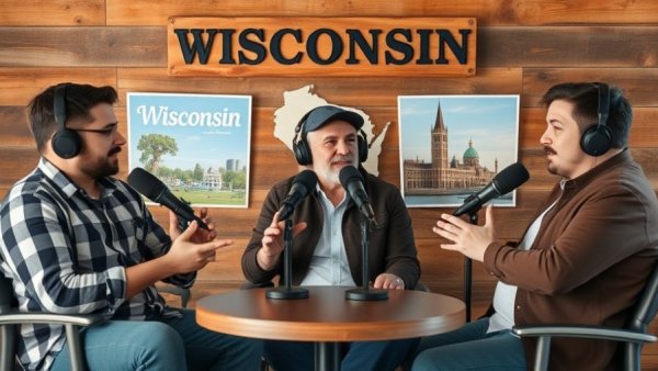 Wisconsin travel podcast with hosts discussing landmarks